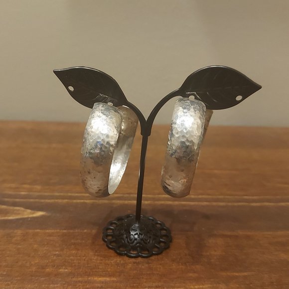 Handmade Mexican 925 Silver Hammered 3/4 Hoop Earrings - Wide - Picture 1 of 6